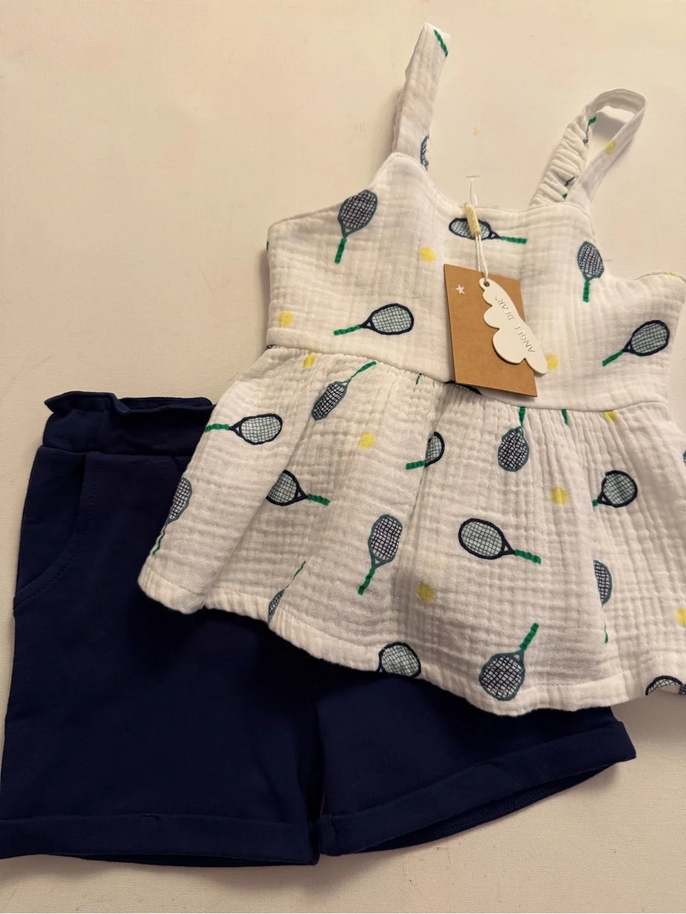 Angel Dear White Tennis Racket Peplum Top & Navy Shorts Set